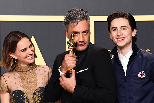 Taika Waititi, Natalie Portman and Timothee Chalamet at the 2020 Oscars